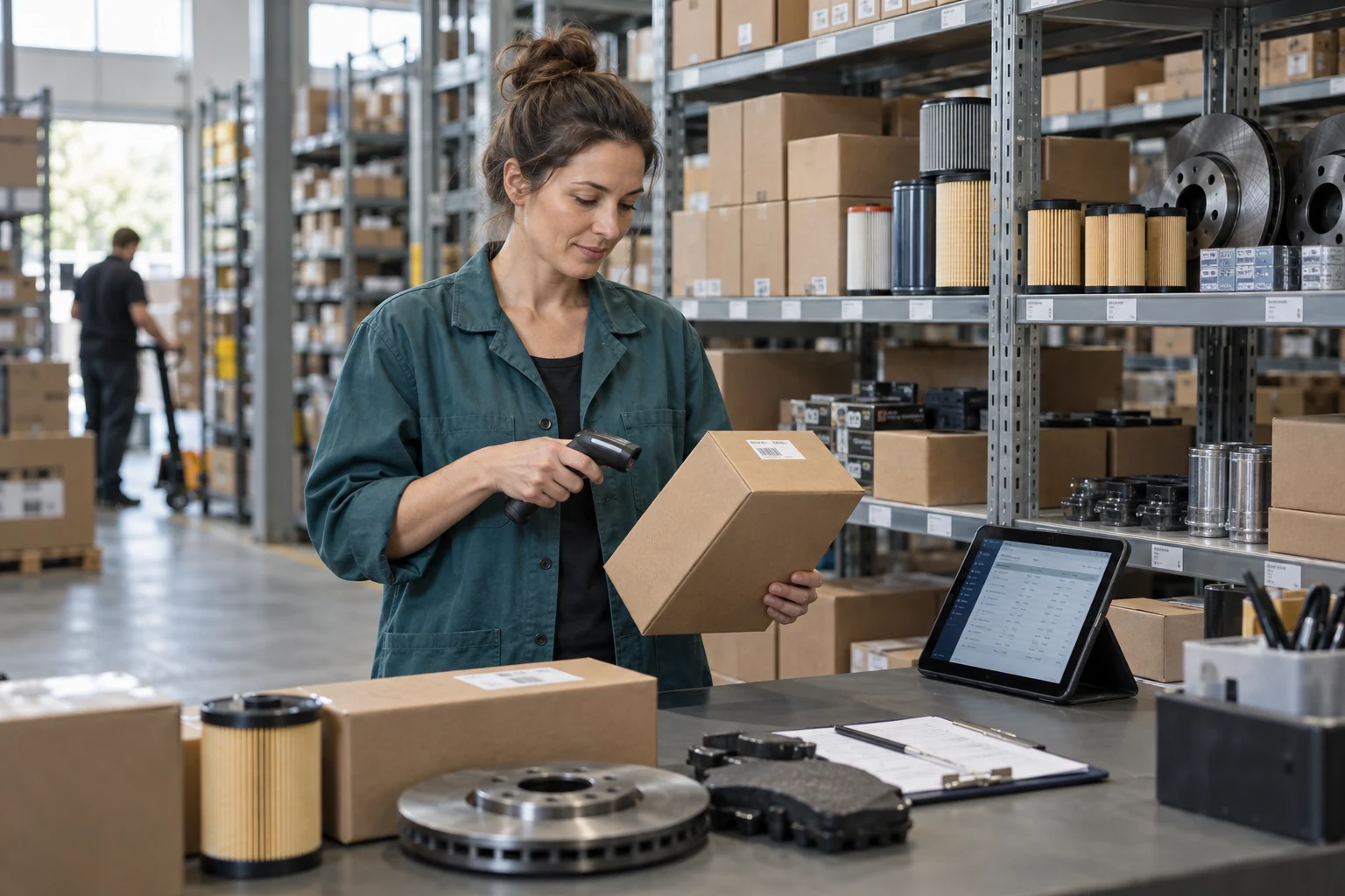 Warehouse employee checking the spare parts assortment before a price list update