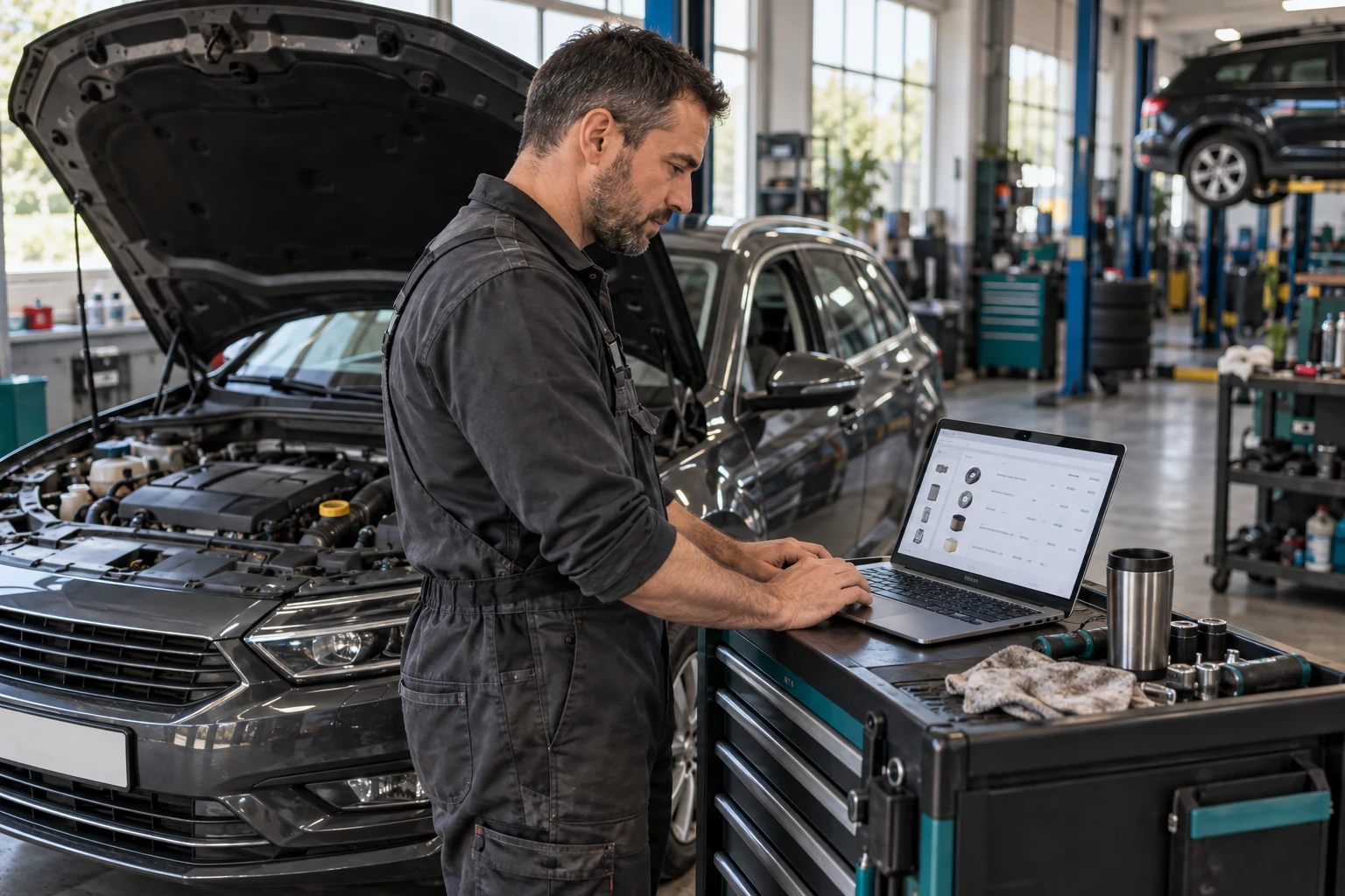 Auto repair specialist selecting spare parts by a car